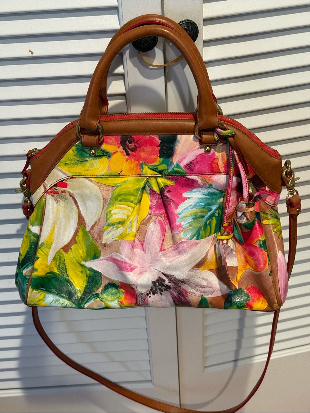 Brahmin Floral Leather Satchel Handbag with Tan Leather Trim